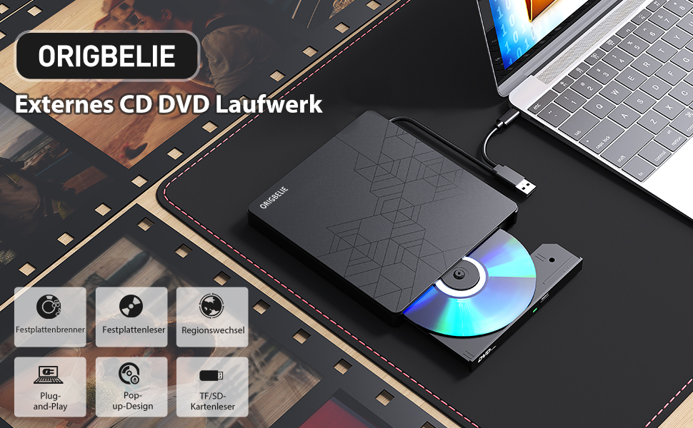 Зовнішній DVD-записувач ORIGBELIE 6 в 1, USB 3.0 CD/DVD ROM +/-RW привід для ноутбука, ПК, Mac OS, Windows 11/10/8/7, Linux