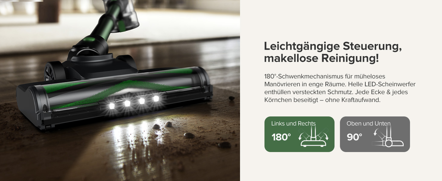 Бездротовий пилосос Vexilar Akku: 60 хвилин роботи, 45 kPa, 550 W, безщітковий мотор, LED дисплей, 6-в-1, тихий, для дому/авто, тверді підлоги, килими, шерсть тварин, зелений