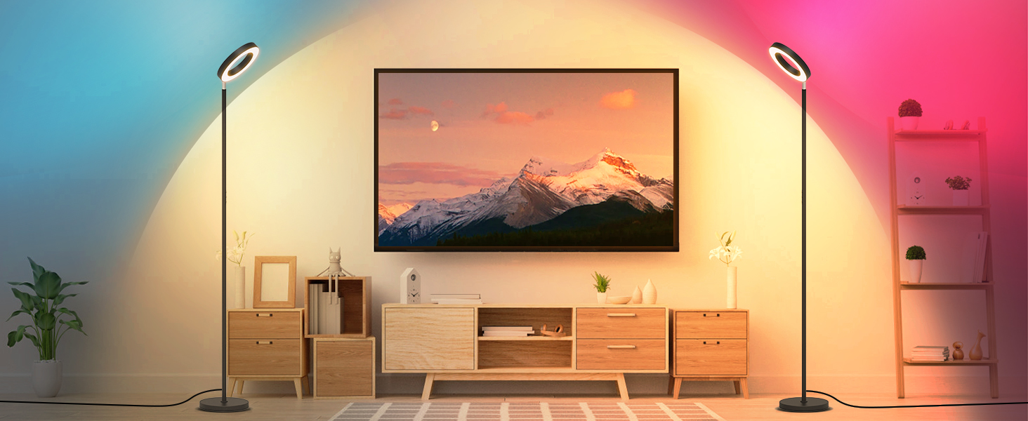 LED торшер, 42W, 16 мільйонів кольорів RGBCW, WiFi, Smart, двосторонній, для вітальні, сумісний з Alexa/Google Home, синхронізація з музикою, регульована яскравість, торшер для читання в спальню, RGB-42W