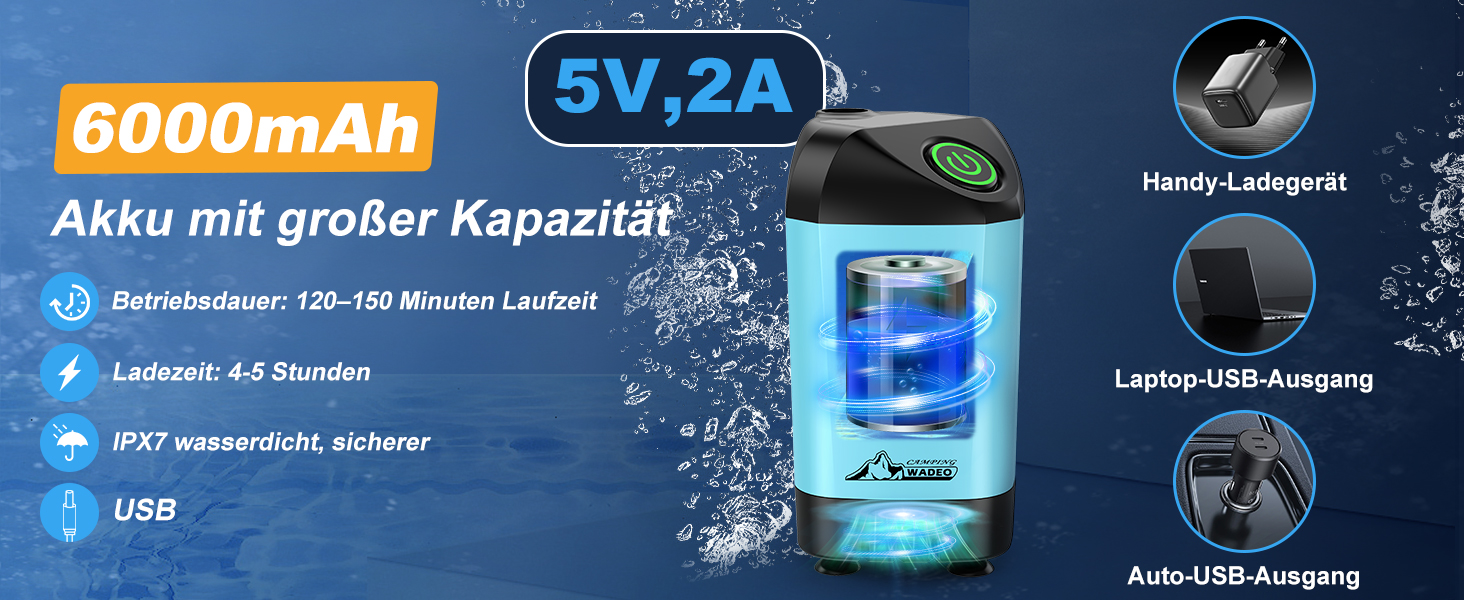 Портативний душ для кемпінгу WADEO з акумулятором та насосом, 6000-8000mAh, блакитний. Душ для подорожей, саду, автомийки з індикатором температури