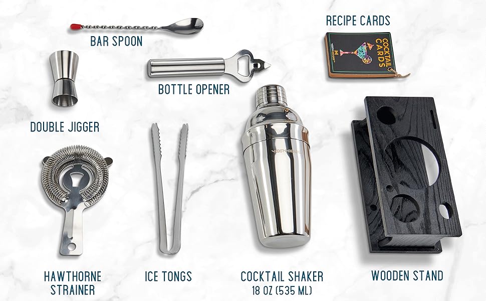 Преміум набір бармена на 10 предметів з махогону та нержавіючої сталі: шейкер, інструменти, бокс | Для дому, вечірки | Елегантний подарунок (сріблястий)