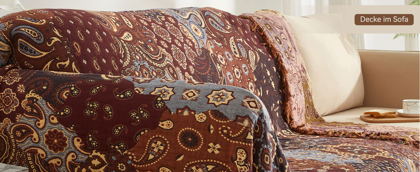 Плед Boho Softexly з 100% бавовни – двосторонній мусліновий плед 150x200 см, м'який плед на диван та ковдра на ліжко, естетичний дизайн, ідеально для вітальні та спальні, помаранчево/блакитний (150 x 200 см, візерунок Пайслі)