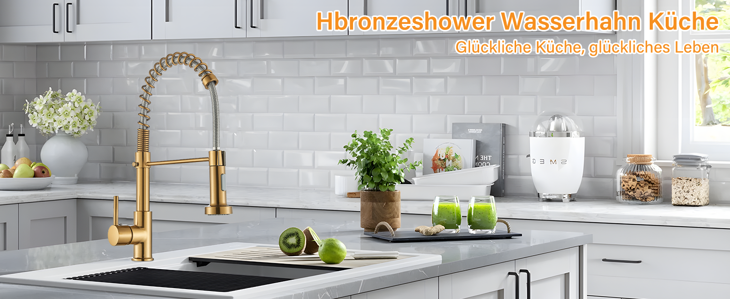 Кухляна змішувач Hbronzeshower з висувною лійкою, 360° обертання, нержавіюча сталь, з душем, для кухні