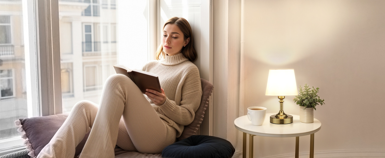 LED настільна лампа бездротова з торшером з льону, сенсорне керування, регулювання яскравості, USB-C, для спальні, вітальні, кухні, 40см, мідь