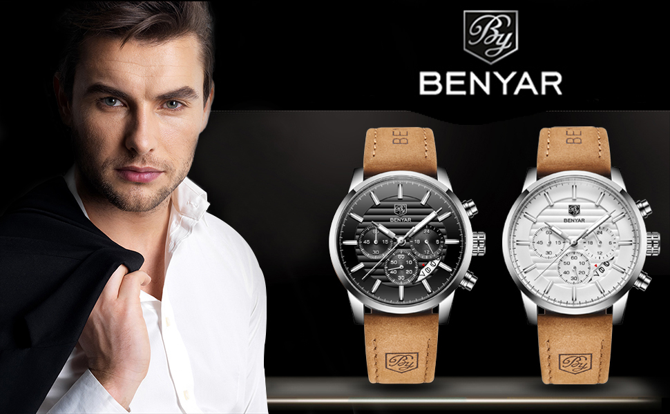 Годинник чоловічий Benyar: кварцовий хронограф, водонепроникний, з нержавіючої сталі, стильний аксесуар для бізнесу, спорту та відпочинку (колір: коричневий, срібний, чорний)