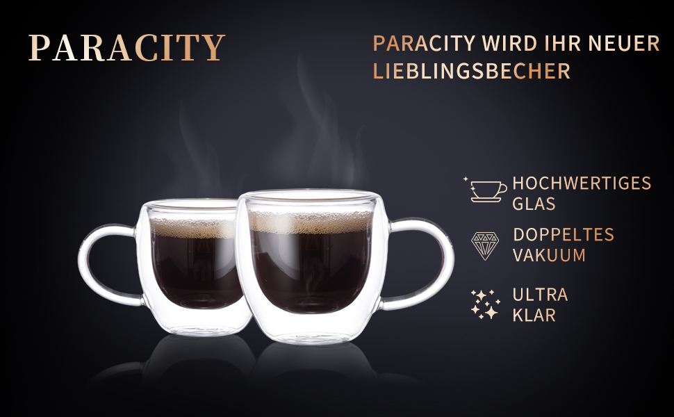Набір чашок для еспресо ParaCity (2 шт.), 180 мл, з подвійним ізоляцією, для капучино/лате/кави/чаю, з ручкою, прозорі, для подорожей та кемпінгу