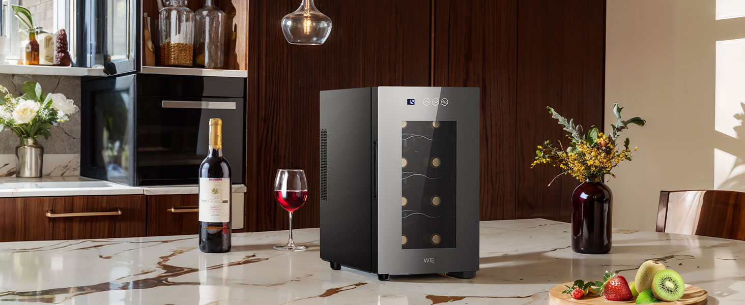 WIE 33 Liter Wine Fridge - 1 Zone Wine Cooler with Glass Door & LED Touch Panel - Mini Wine Refrigerator for 8 Bottles
