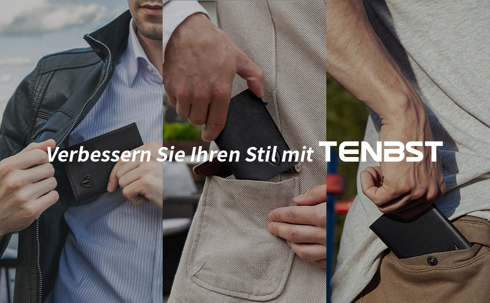 Чоловічий гаманець TENBST: тонкий, з відділенням для монет, RFID захистом, з натуральної шкіри, 8 відділень для карток, чорний