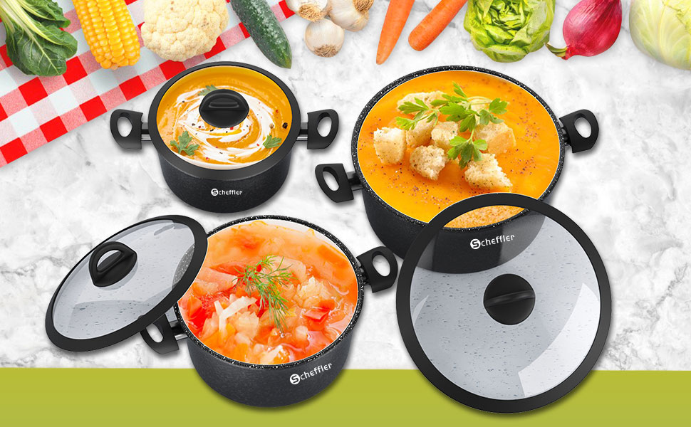 Набір каструль Scheffler 15 предметів з антипригарним покриттям для індукційних плит, чорний (HL-21PS102)