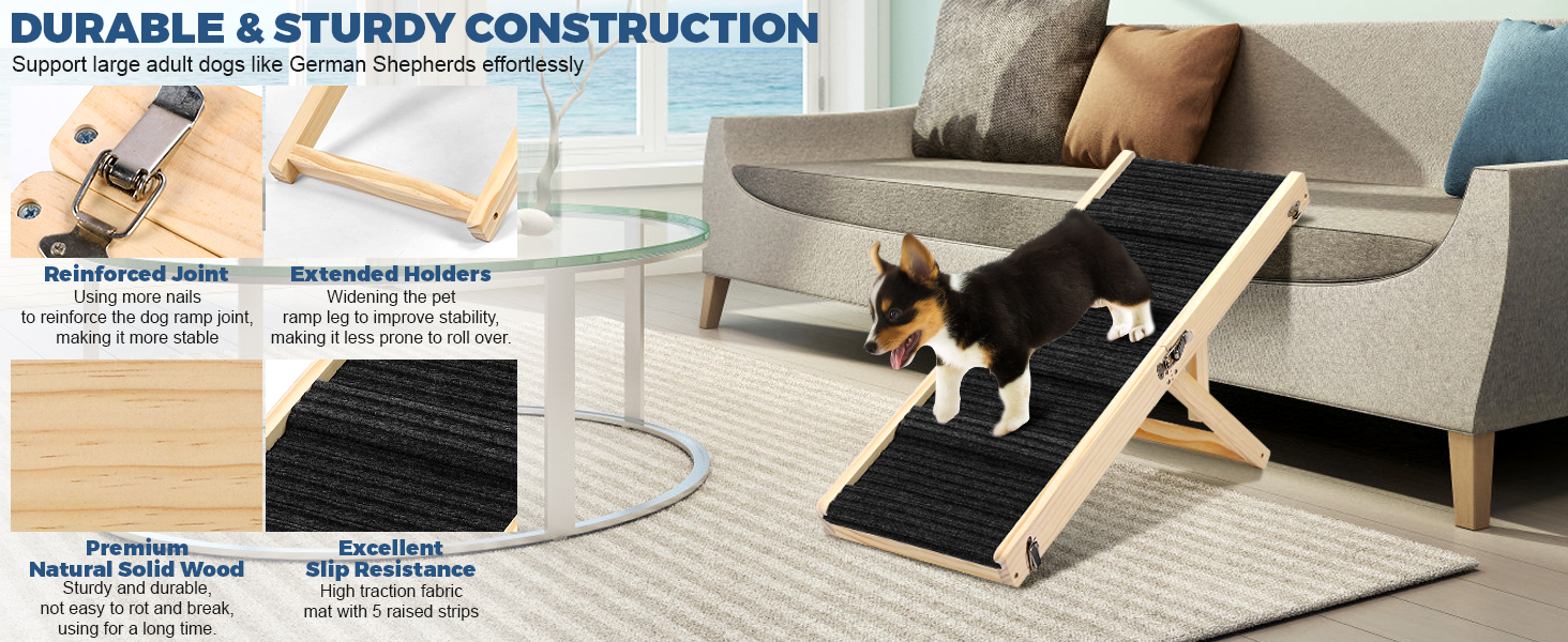 Складана дерев'яна пандус для собак – для ліжка, дивана, авто. Регульована висота 25-52 см, довжина 83 см, ширина 35 см, антиковзка поверхня