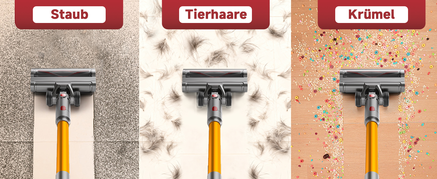 Акумуляторний пилосос Hearten 4-в-1 з LED дисплеєм та антизаплутувальною щіткою, керування одним дотиком, бездротовий пилосос з LED-підсвічуванням для шерсті тварин/килимів/твердих поверхонь (жовтий)