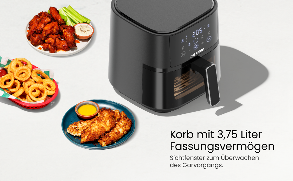Chefman 3.75L Air Fryer - Compact Hot Air Fryer with Hi-Fry Technology, Window, Touch Controls, Non-Stick Coating, Dishwasher Safe - Black