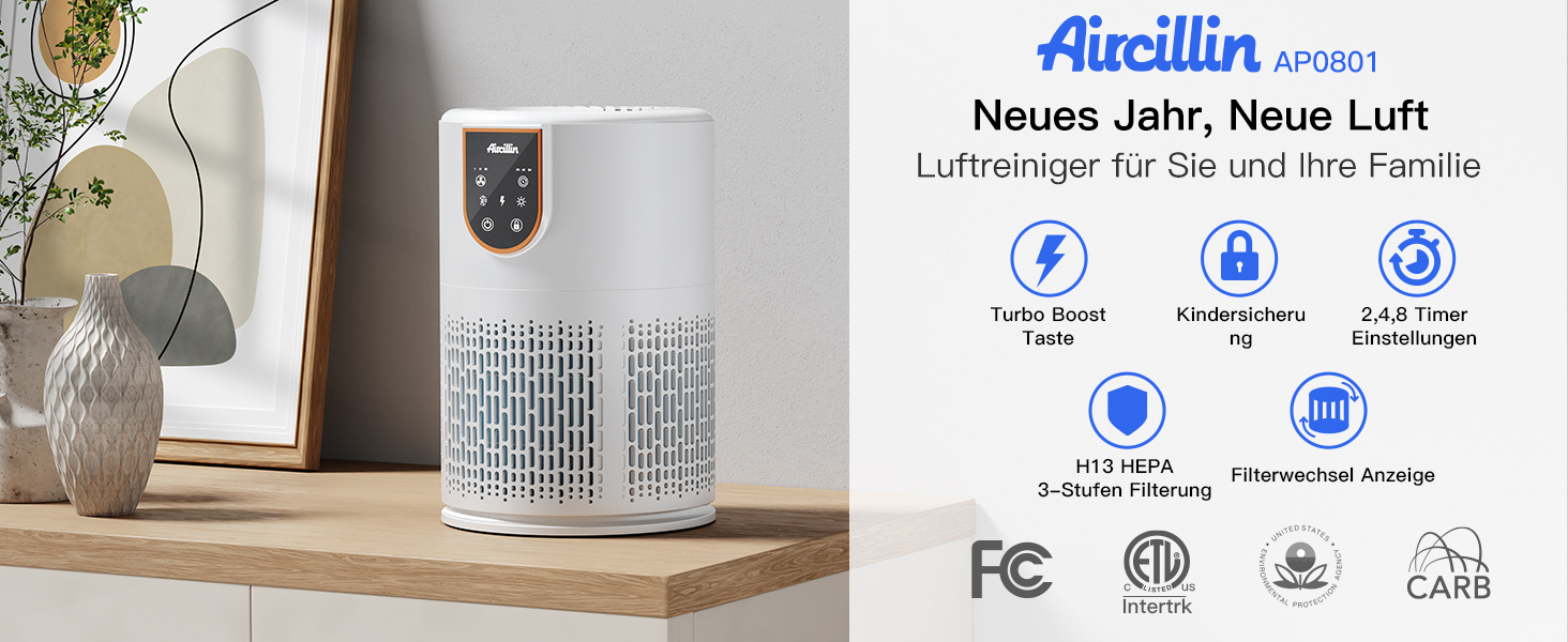 Повітряний фільтр для алергіків з HEPA фільтром H13, очищує до 45 м², 12W, видаляє пил, пилок, шерсть тварин та запахи, 25dB (AP0801) Fine