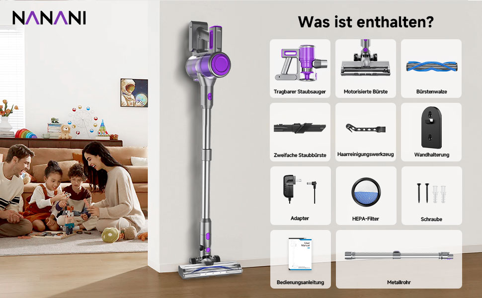 Бездротовий акумуляторний пилосос 35KPA/45Mins з LED-підсвічуванням, HEPA-фільтром та насадкою для підлоги, для тварин, килимів та твердих поверхонь, фіолетовий