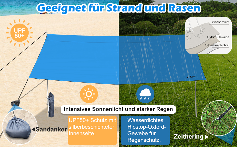 Намет WADEO для кемпінгу, водонепроникний, 4x3 м, з тентром та аксесуарами, ультралегкий, для відпочинку на природі - Хакі (3,6м x 3,6м, Синій)