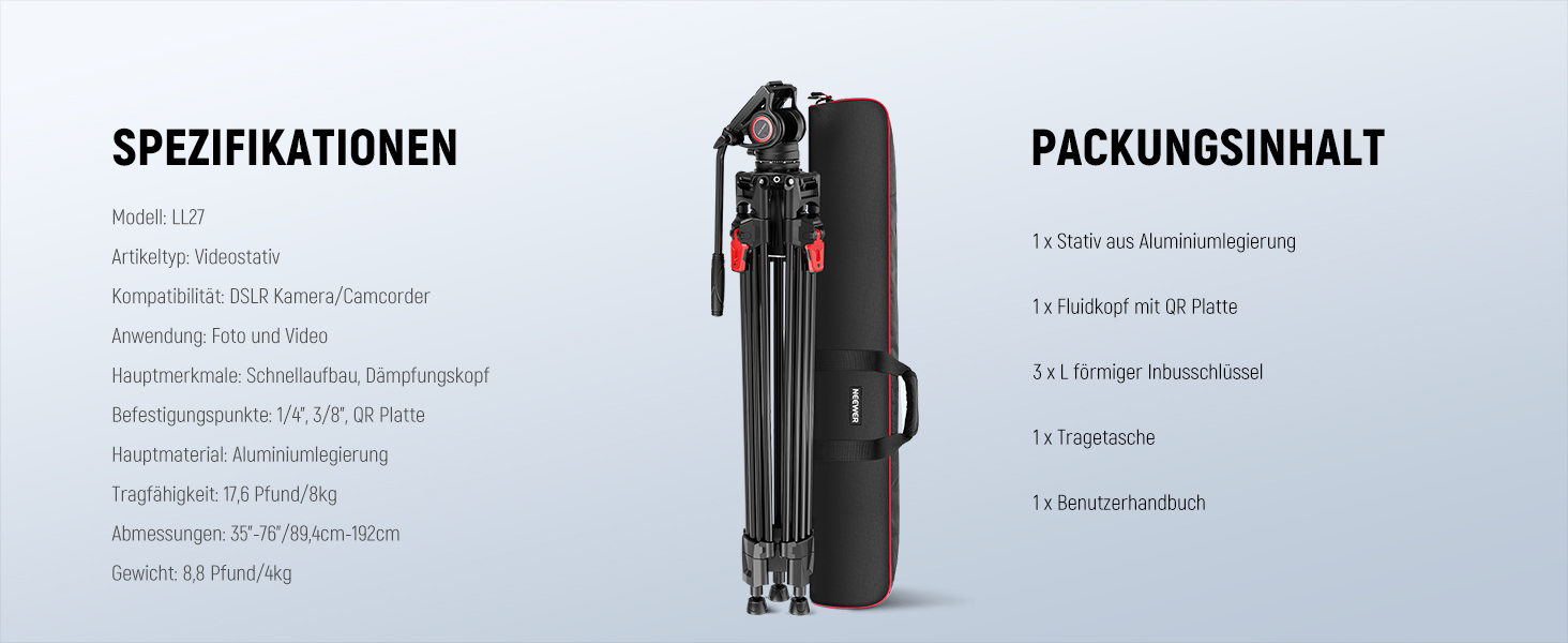 Штатив для відеокамери NEEWER 76' з пливним кріпленням, алюмінієвий, для DSLR/Camcorder, вантажопідйомність 8 кг, LL27