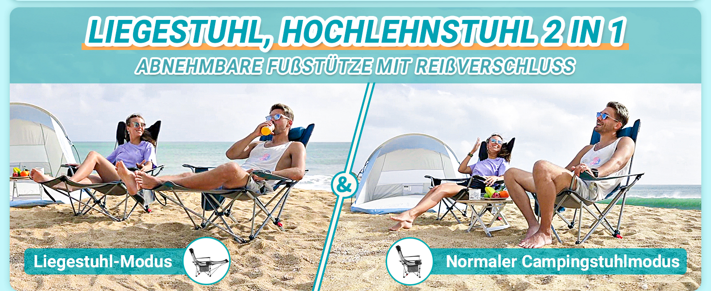 Кемпінговий стілець-шезлонг WEJOY 2-в-1: складаний стілець для пляжу та відпочинку з регульованою спинкою, підставкою для ніг, тримачем для напоїв, сірий/блакитний