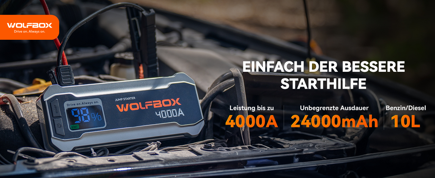 WOLFBOX Powerbank для запуску авто 4000A, 12V, з LED-ліхтарем та великим екраном, для легкових автомобілів, SUV, вантажівок та мотоциклів
