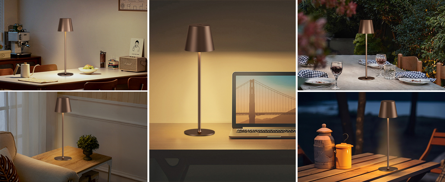 Акумуляторна LED настільна лампа бездротова з USB-C зарядкою, регульована яскравість, 3 режими світла, коричнева. Для дому, офісу, кемпінгу.