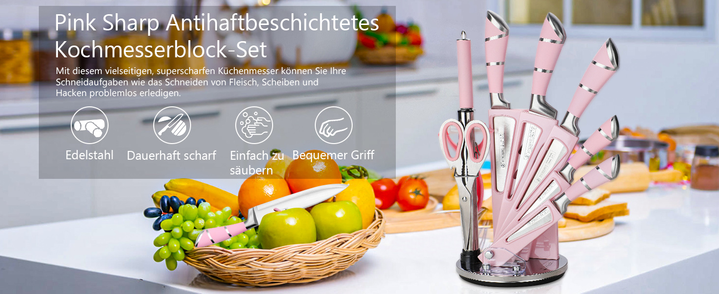 Набір кухонних ножів Justup 9шт з обертовим блоком, рожевий. Набір ножів з нержавіючої сталі з антипригарним покриттям, з точилкою для кухні.