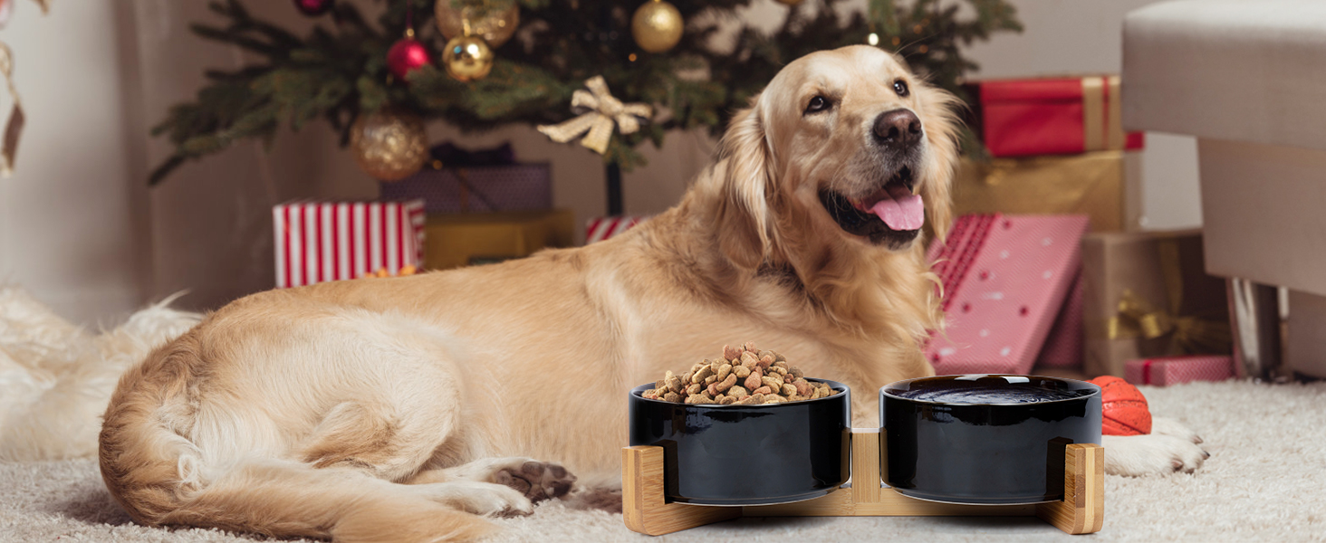 Миска для собак та котів SPUNKYJUNKY з кераміки, велика, 850 мл, піднята на бамбуковому стійці, колір «Зоряне небо»