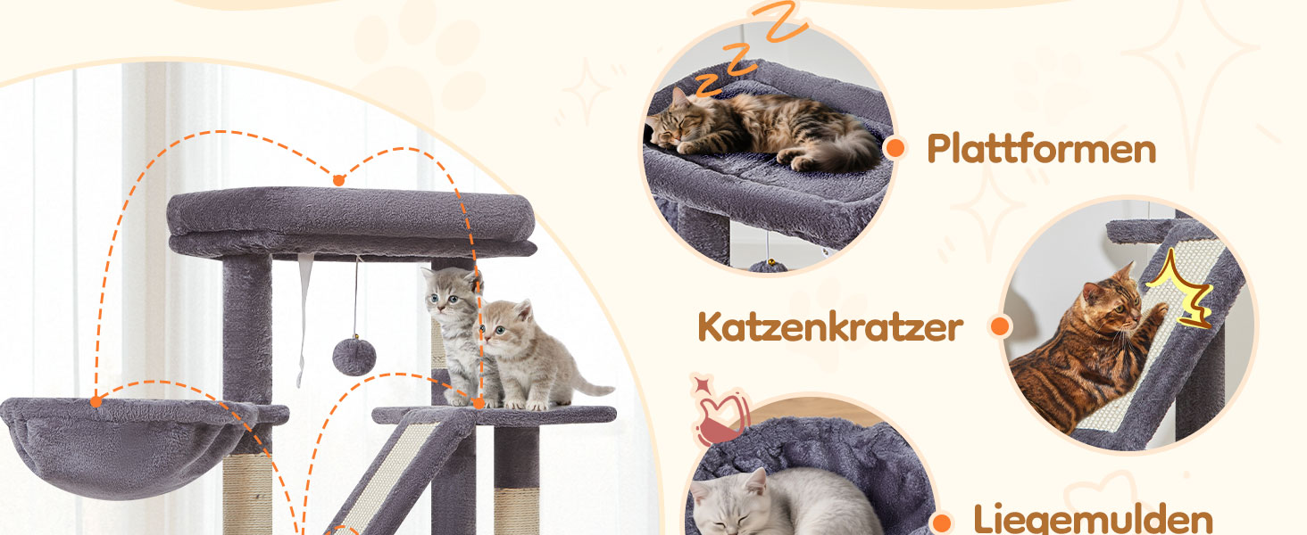 Дерев'яний кігтеточки Taoqimiao Klein 98 см - котячий будиночок з корзиною та 4 стовпчиками, MS029SW (темно-сірий)