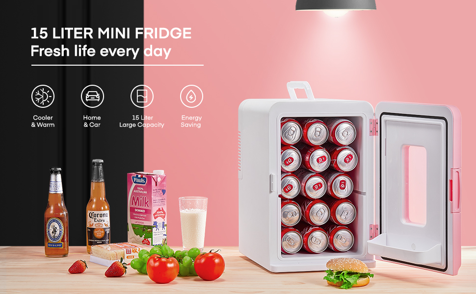 Northclan 15L Mini Fridge - Portable Cooler & Warmer for Home & Car - 220V AC/12V DC - Pink