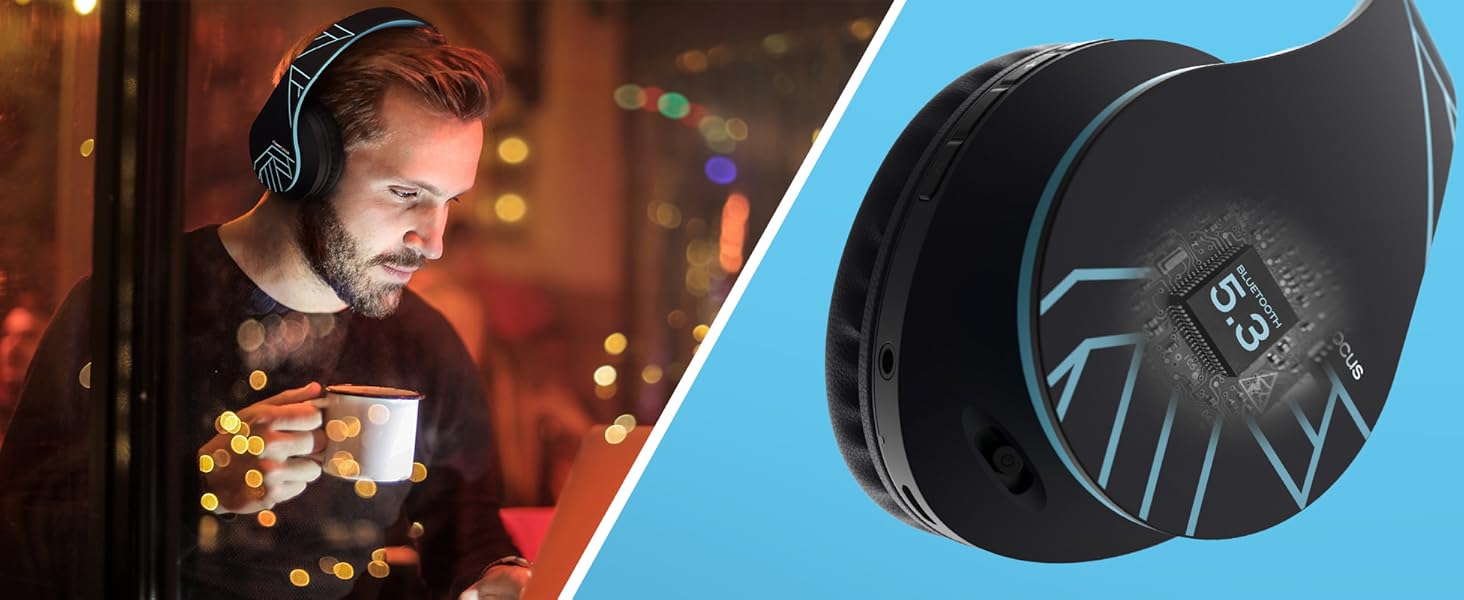 Бездротові навушники PowerLocus Over-Ear з Bluetooth, мікрофоном, складна конструкція, м'які амбушюри, Hi-Fi стерео звук, бас, для дітей та дорослих, TV/PC/Home Office (Чорний/Синій)