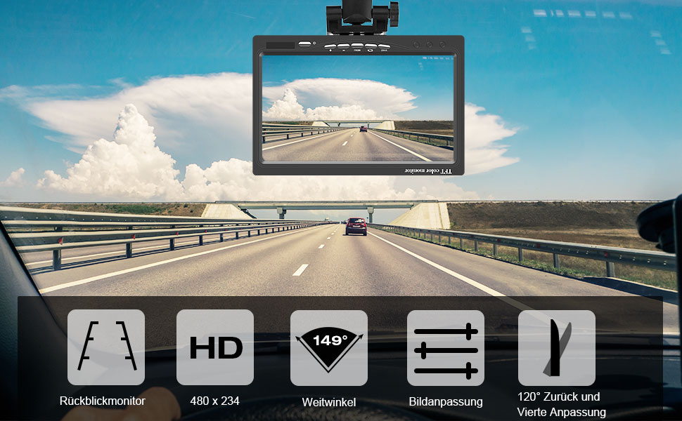 AISHICHEN 7-дюймовий TFT LCD монітор для авто, екран заднього виду для камер заднього огляду, 2 відеовходи, 12V/24V, без камери, для легкових і вантажних авто, монітор
