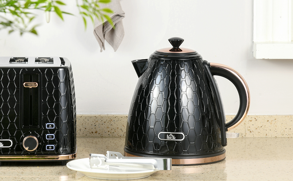 Електричний чайник HOMCOM 1.7 л, нержавіюча сталь, 360° обертання, фільтр від накипу, захист від сухого кипіння, автоматичне відключення, BPA Free, 2200W, чорний