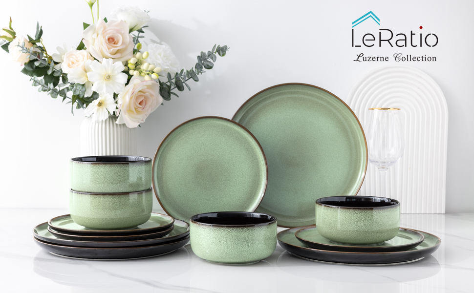 Набір посуду LeRatio для 4 осіб: 12 елементів, керамічний, стійкий до подряпин, зелений, для дому та ресторану