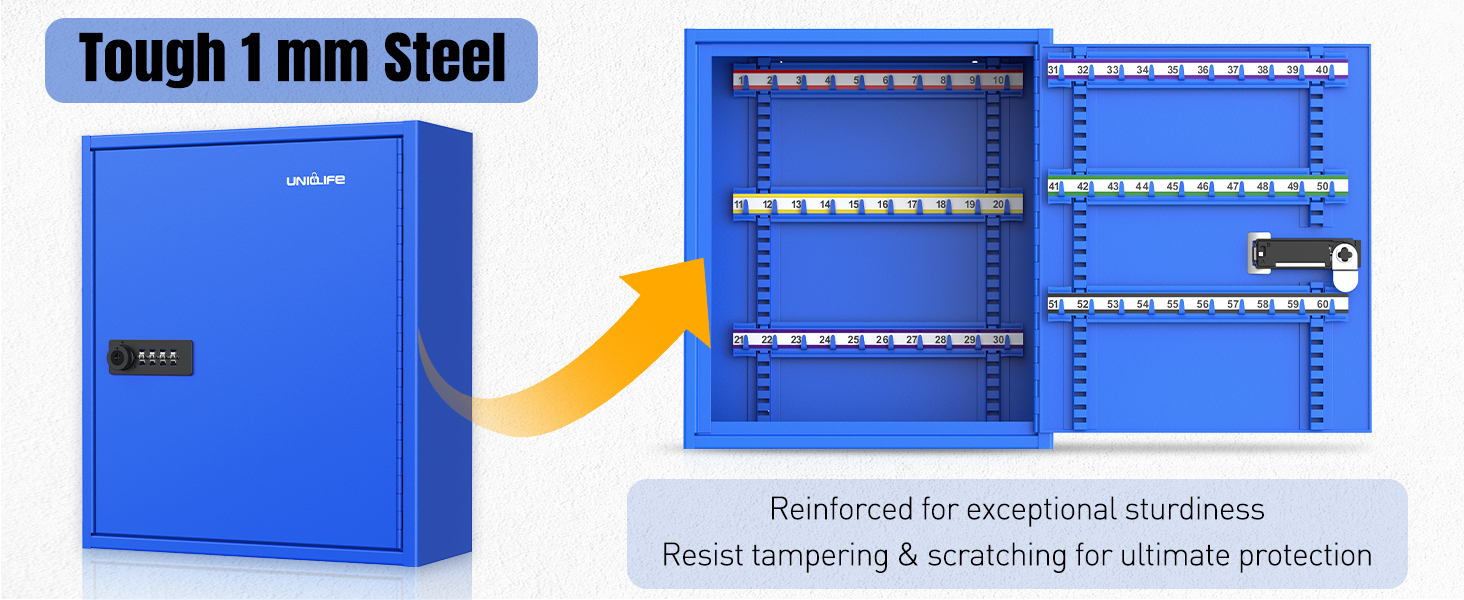 Шкафчик для ключів Uniclife на 60 позицій з комбінацією та ключовим замком, цифровий сейф, органайзер для ключів з регульованими полицями