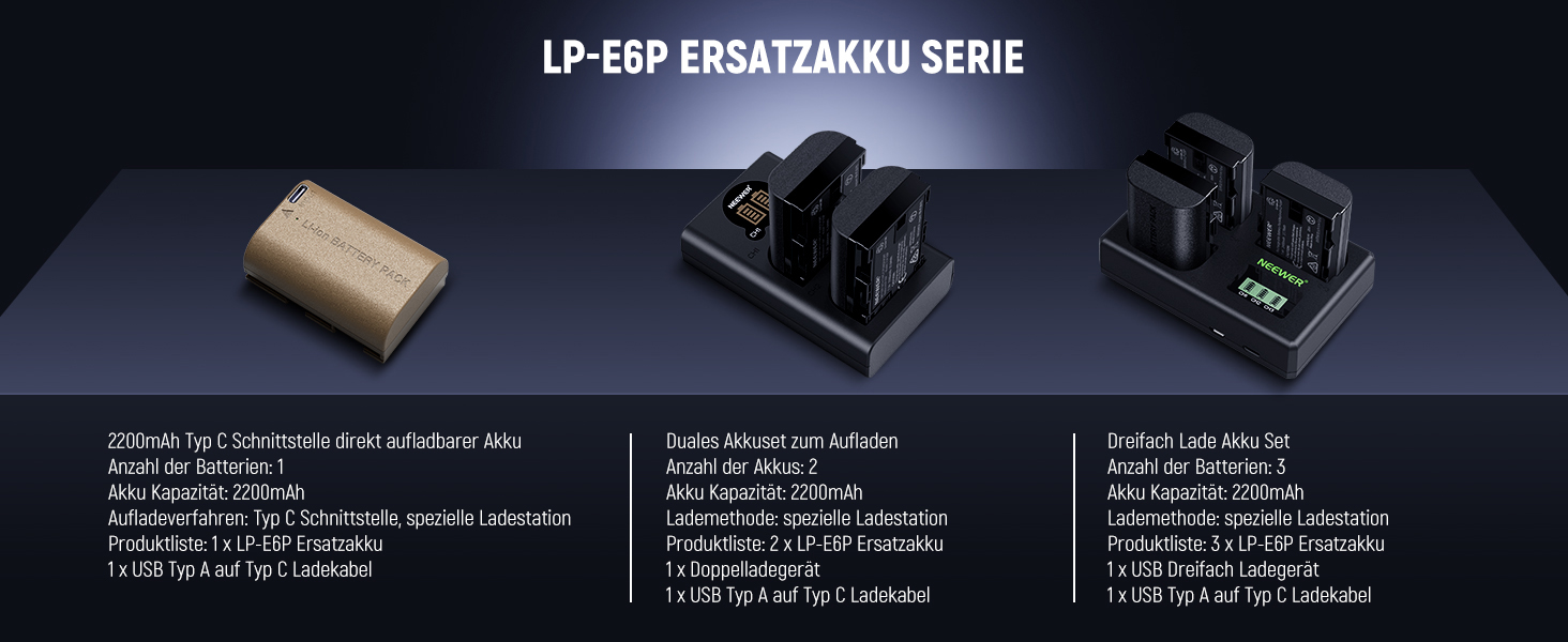 NEEWER Запасний акумулятор LP-E6NH та зарядний пристрій USB, комплект 3 шт. 2250mAh, сумісний з Canon EOS R7, R5, R6, R6 II, R, 5DIV, 6DII, 7DII, 80D, 90D