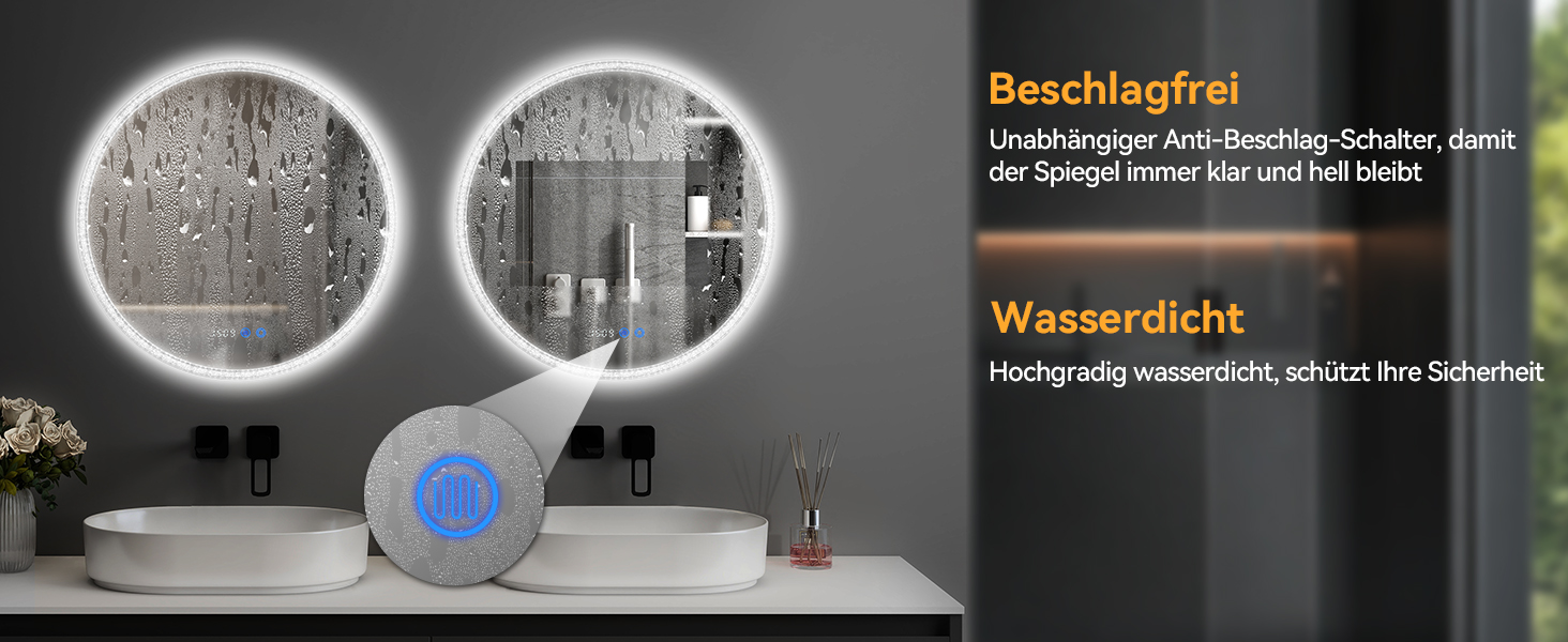 Дзеркало для ванної кімнати YOURLITE з підсвічуванням, 60 см, LED, сенсорне керування, 3 кольори, регулювання яскравості, протизапітніння, функція пам'яті, годинник, білий (сріблястий)