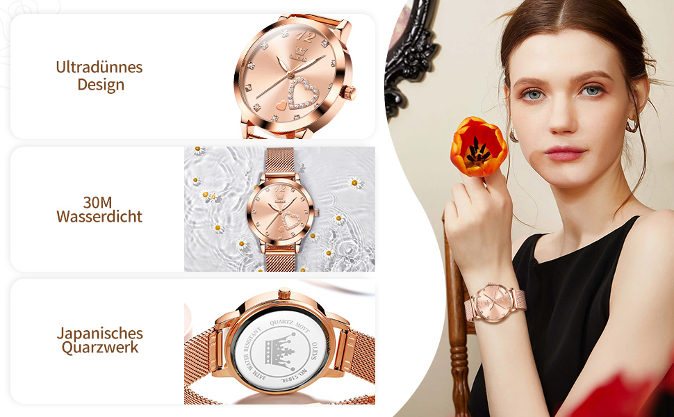 Годинник жіночий OLEVS Roségold: стильні годинники з рожевого золота з діамантовим серцем, водонепроникні, з мікросітчатим ремінцем