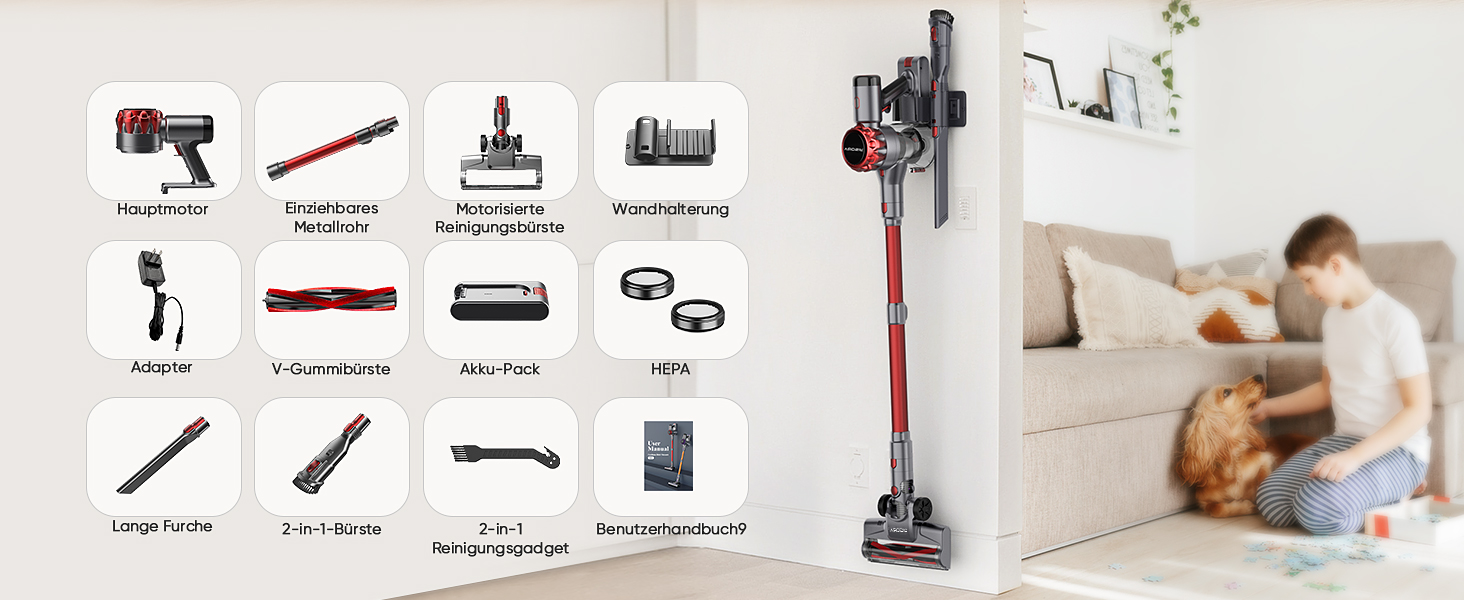 Бездротовий пилосос 40000Pa з акумулятором, 55 хв роботи, сенсорний екран та щітка Anti-Tangle, для твердих поверхонь, килимів, шерсті тварин