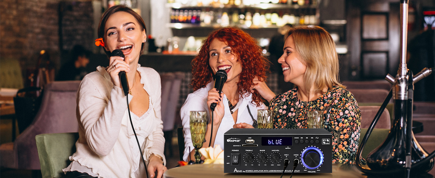 HiFi підсилювач WOOPKER AK45 Pro, 500 Вт, Bluetooth, 2-канальний, стерео, міні аудіо ресивер з FM-радіо, USB/SD/AUX/RCA/MIC входами, 12В/220В для колонок