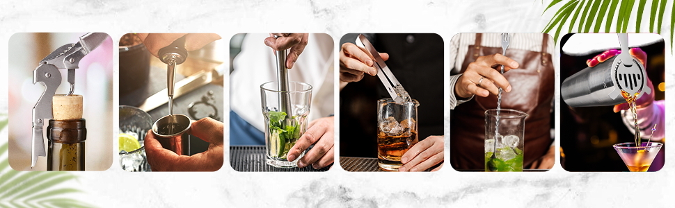 Набір для коктейлів YISSVIC 22 частини: шейкер, мірні склянки, ложка, наливник, підставка з бамбука. Подарунок для професіоналів та початківців