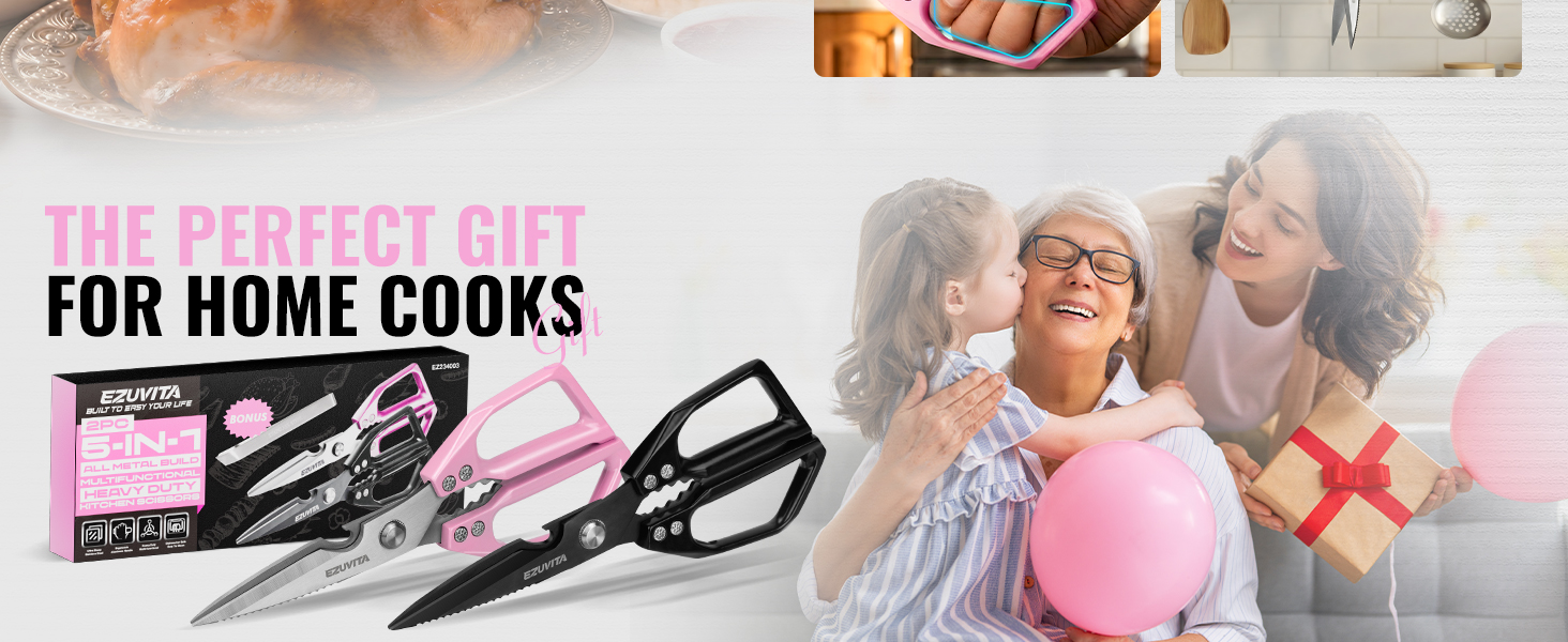 Кухонні ножиці 5-в-1 з пінцетом, титанове покриття, нержавіюча сталь, для кухні, птиці, риби, м'яса (чорний & рожевий)