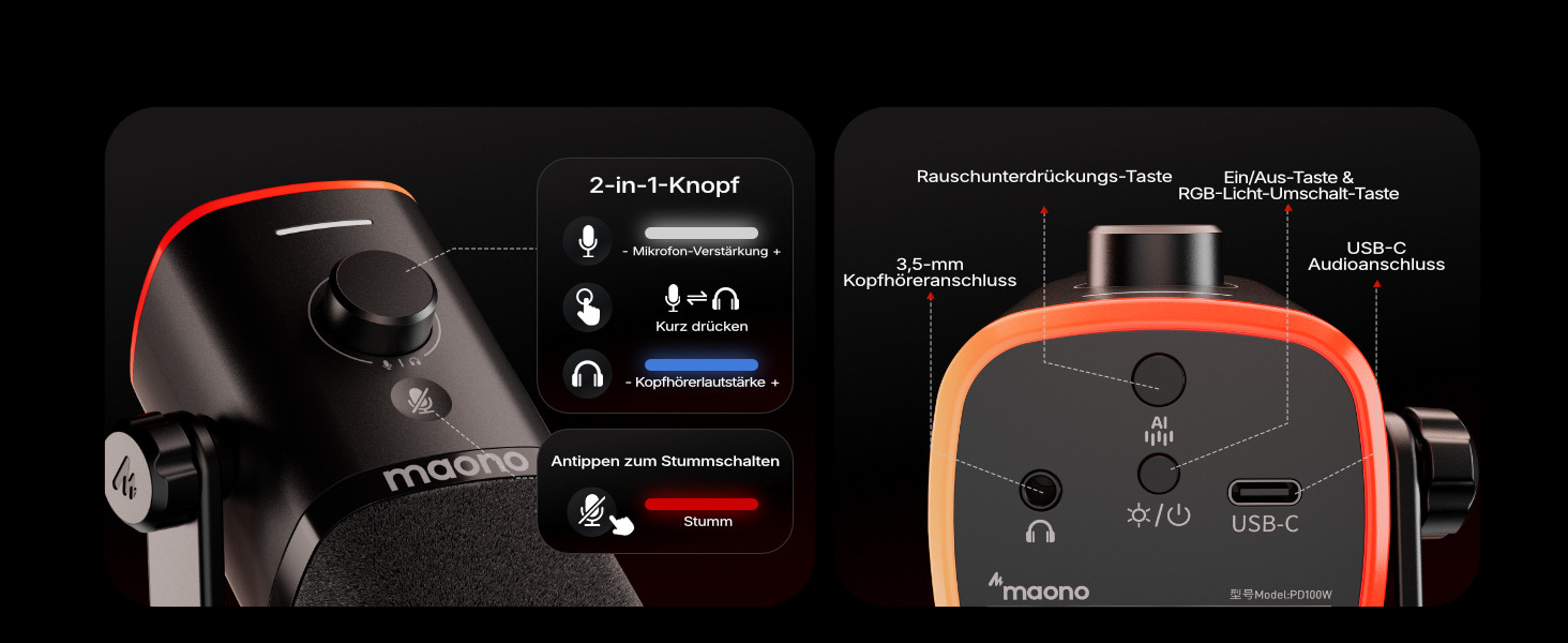 MAONO PD100W Бездротовий геймерський мікрофон 2.4GHz + USB, з шумозаглушенням ENC, для стрімінгу, запису, подкастів, ПК, PS4/5, смартфонів, чорний