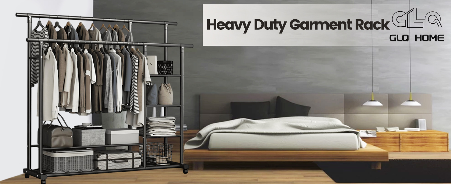 Легкий металевий вішак для одягу на колесах з полицями (білий/чорний)