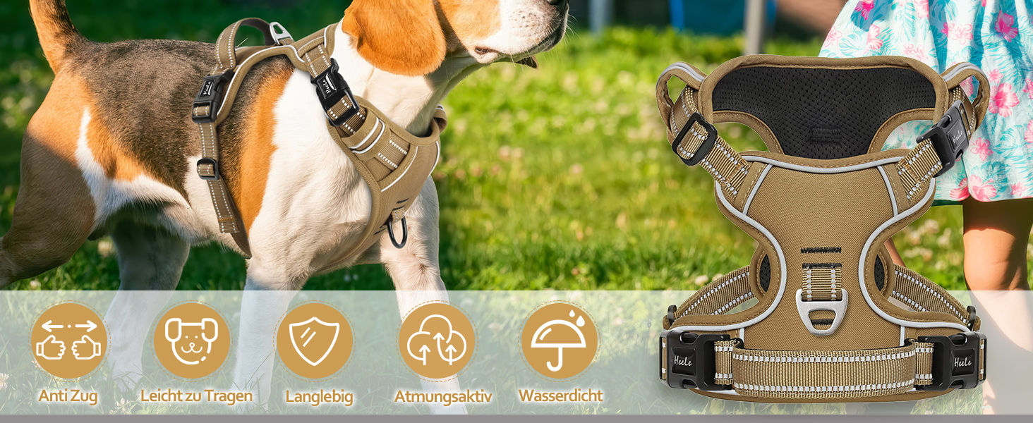 Шлейка для собак HEELE з регулюванням натягу, світловідбиваюча, для середніх собак, з м'якою ручкою, 1 пряжка, легко одягається, коричнева, розмір M, обхват грудей 38-71 см, Uni-Khaki