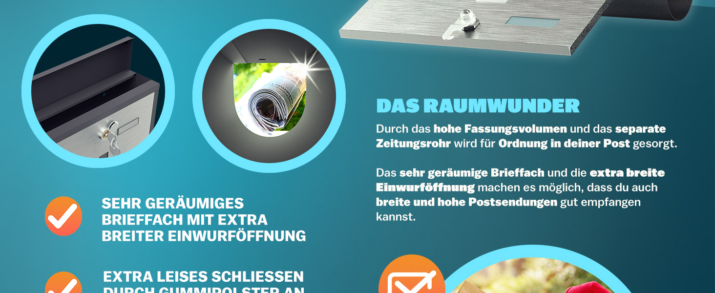 Поштовий ящик Monzana Kreuzschloss з мідним циліндром, поворотна кришка 31x10x34 см, вікно, табличка для імені, відділення для газет, сталь, 2 ключі, чорно-срібний