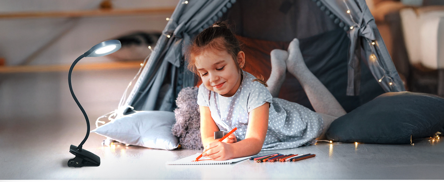 LED лампа для читання Akynite з акумулятором, 5 кольорів та 5 рівнів яскравості, кріпиться на ліжко, дитячий столик, чорна