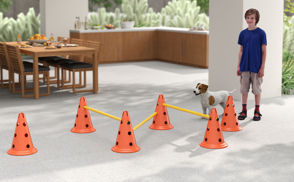 Набір для аджиліті для собак PawHut: 8 кеглів, 8 стійок, 3 перешкоди, регульована висота, з сумкою, оранжевий, багатокольоровий
