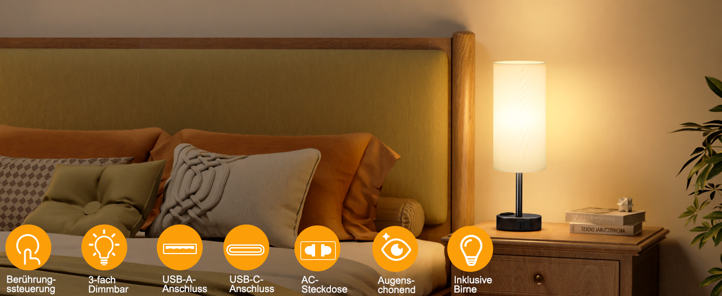 Настільна лампа Kakanuo з торшером, USB-порт, регулювання яскравості, тканинний абажур, для спальні, вітальні, дитячої кімнати, офісу (з лампочкою), білий A