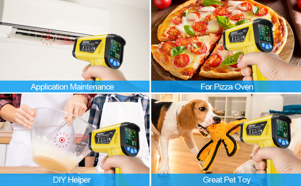 Інфрачервоний термометр MESTEK: цифровий лазерний пірометр з K-зондом (-50°C ~ 800°C) для кухні, гриля, авто. Безконтактний, з LCD, сигналізацією та регулюванням коефіцієнта випромінювання. Модель IR02C-Жовтий