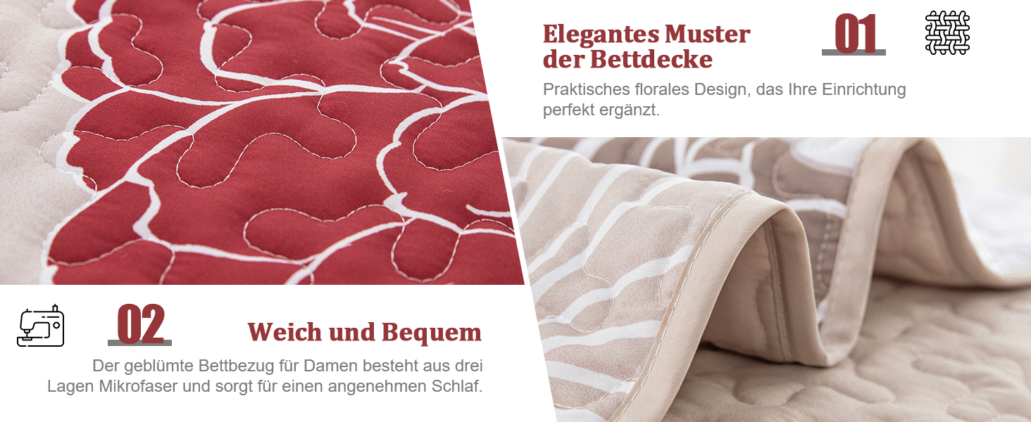 Tagesdecke WONGS BEDDING 220x240 см з квітами, бургунді. М'яка літня ковдра з мікрофібри для двоспального ліжка, комплект з 2 наволочками 48x75 см