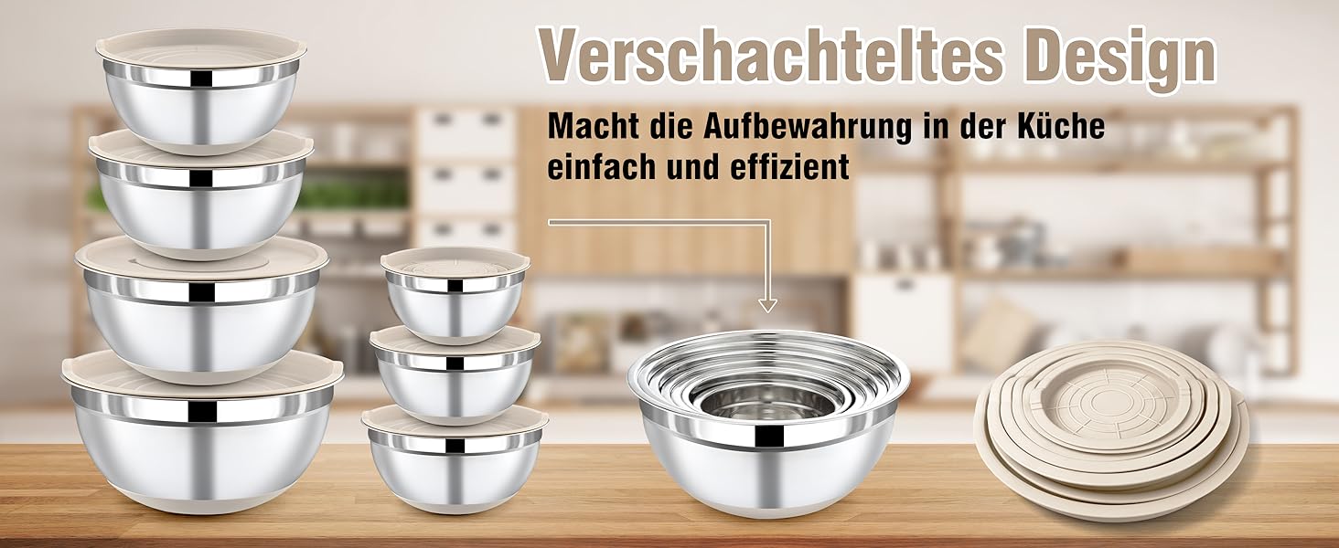 Набір місок для перемішування BEWOS 7 шт. з кришкою, нержавіюча сталь, набір місок з терткою, вкладна конструкція, колір хакі, протиковзкі дна, об'єм 0.5, 1, 1.4, 1.85, 2.35, 3.2, 4 л для змішування та подачі