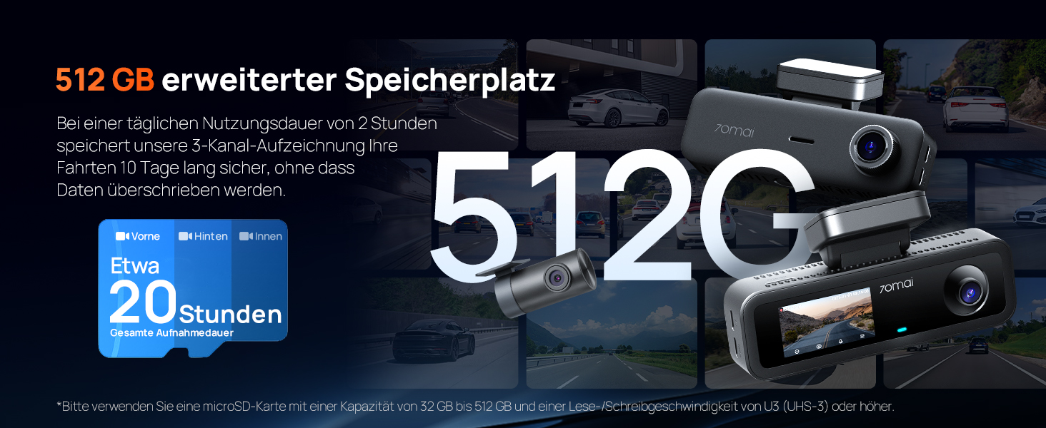 Автомобільний відеореєстратор 70mai T800E 4K 3-канальний (передній, внутрішній, задній) з HDR, ІЧ-нічним баченням, GPS, WiFi 6 та карткою пам'яті 64GB